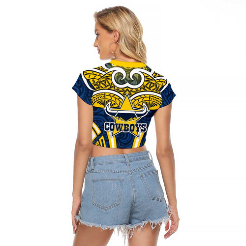 North Queensland Cowboys Rugby Raglan Cropped T Shirt Polynesian Tribal Bull Warrior Navy Yellow Pattern