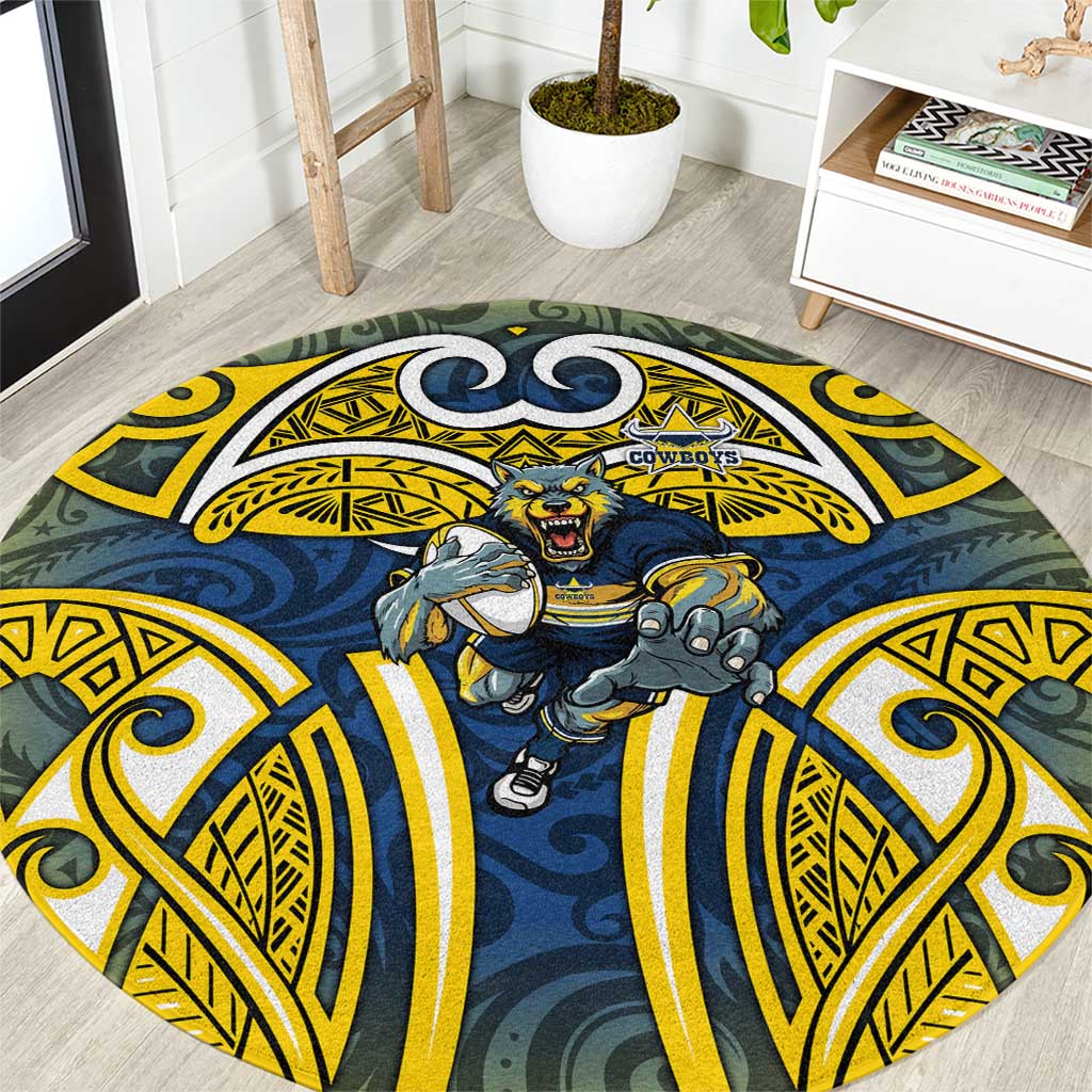 North Queensland Cowboys Rugby Round Carpet Polynesian Tribal Bull Warrior Navy Yellow Pattern