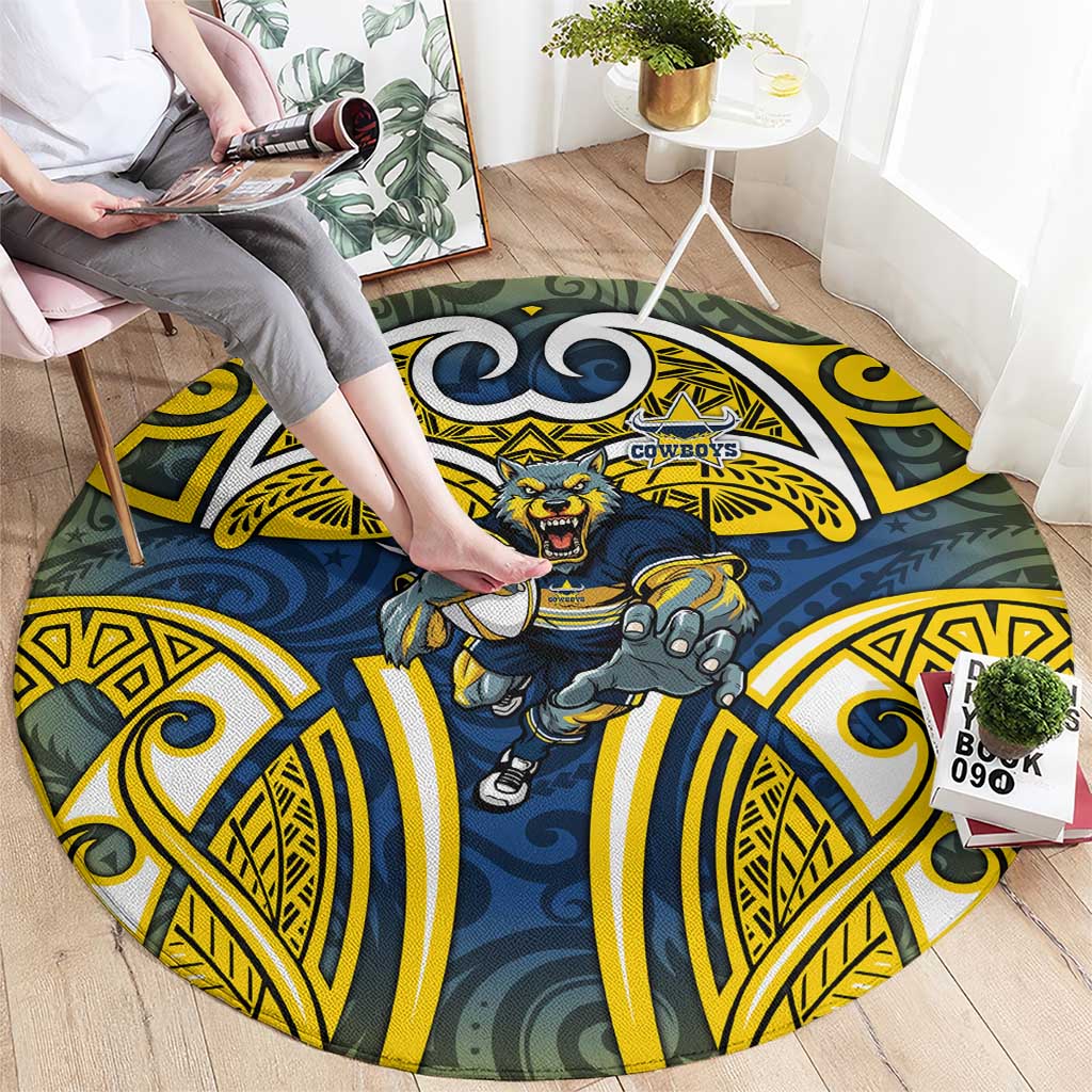 North Queensland Cowboys Rugby Round Carpet Polynesian Tribal Bull Warrior Navy Yellow Pattern
