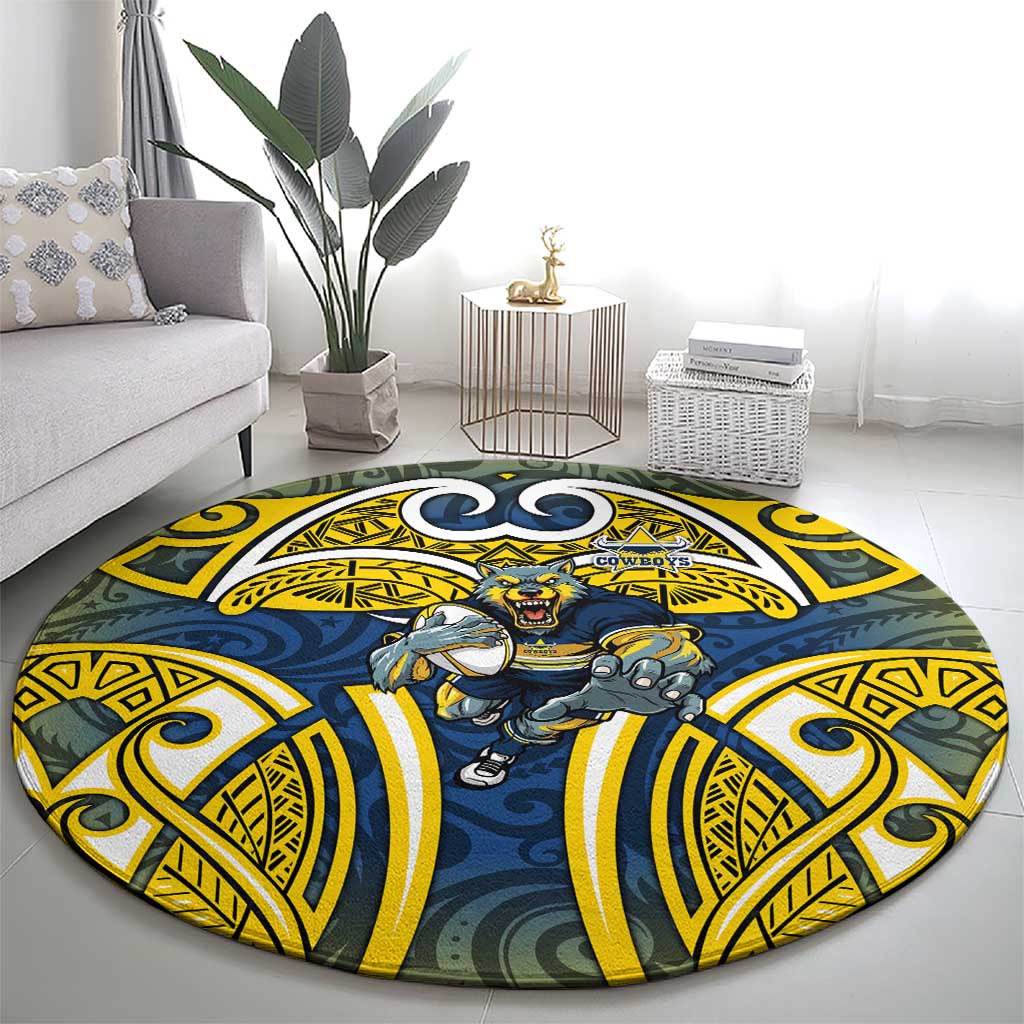 North Queensland Cowboys Rugby Round Carpet Polynesian Tribal Bull Warrior Navy Yellow Pattern