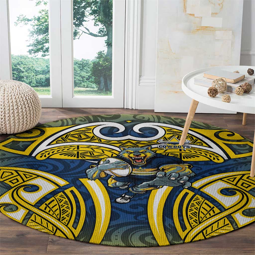 North Queensland Cowboys Rugby Round Carpet Polynesian Tribal Bull Warrior Navy Yellow Pattern