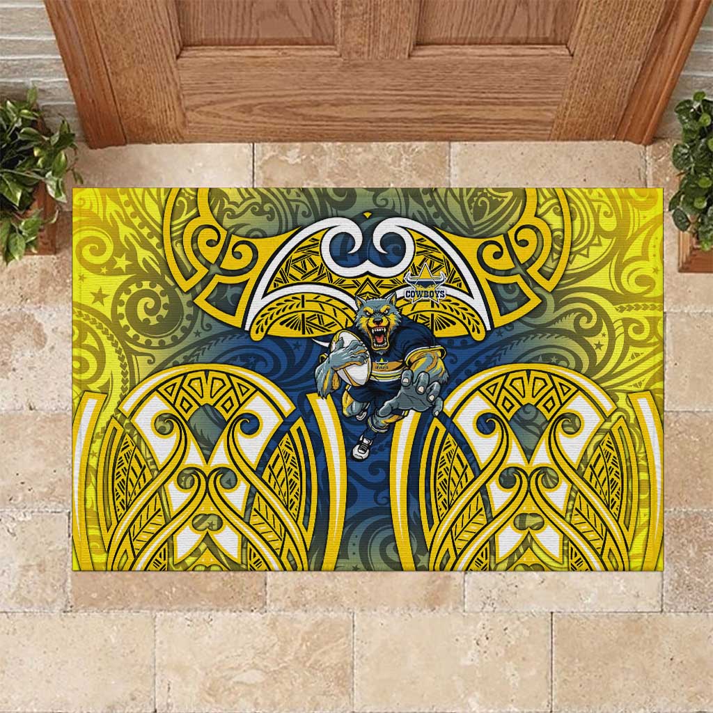 North Queensland Cowboys Rugby Rubber Doormat Polynesian Tribal Bull Warrior Navy Yellow Pattern