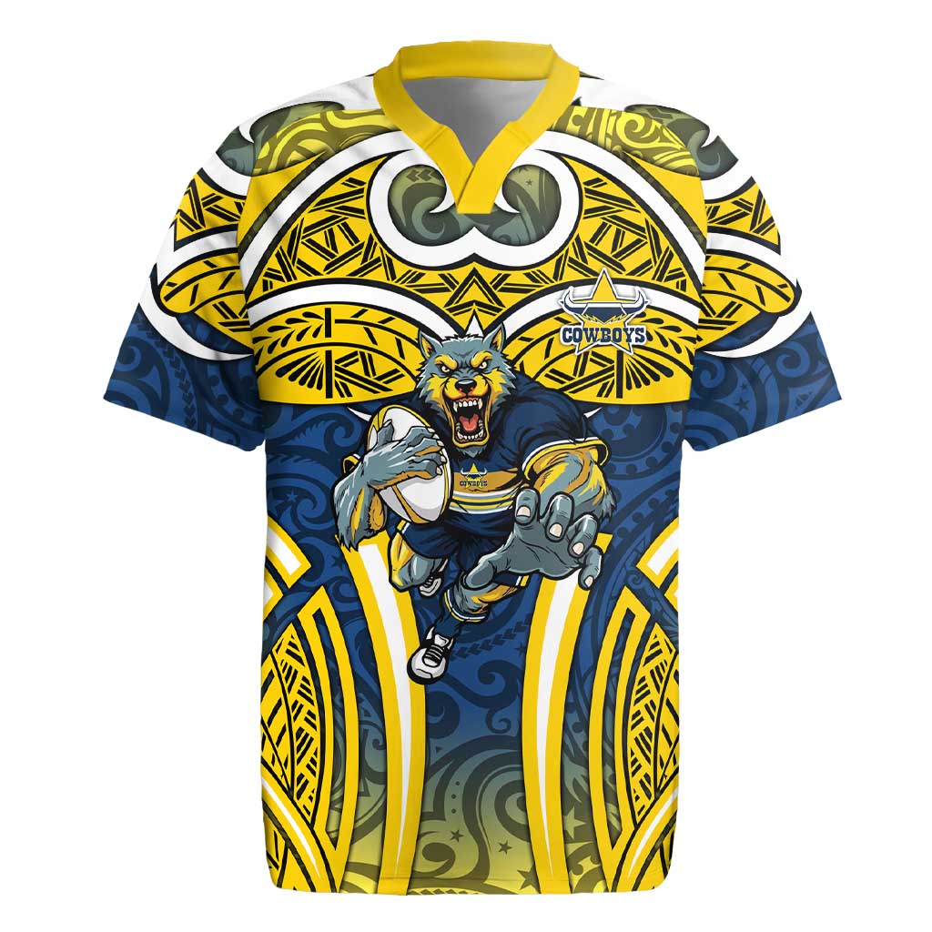 North Queensland Cowboys Rugby Rugby Jersey Polynesian Tribal Bull Warrior Navy Yellow Pattern
