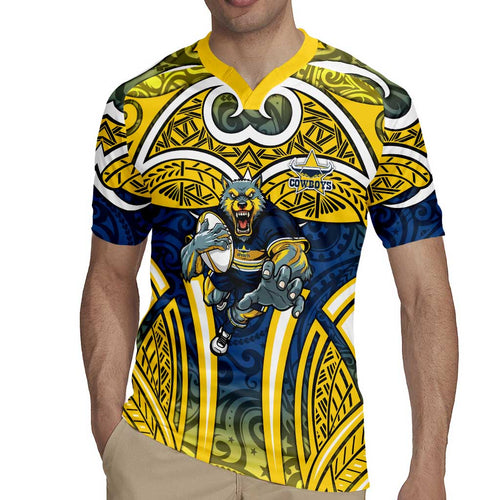 North Queensland Cowboys Rugby Rugby Jersey Polynesian Tribal Bull Warrior Navy Yellow Pattern