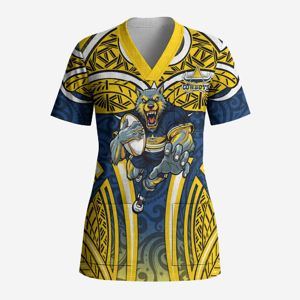 North Queensland Cowboys Rugby Scrub Top Polynesian Tribal Bull Warrior Navy Yellow Pattern