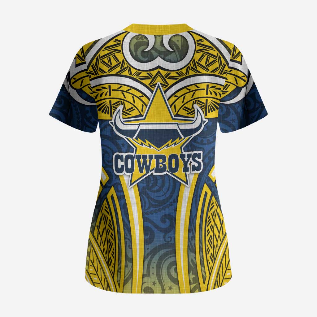 North Queensland Cowboys Rugby Scrub Top Polynesian Tribal Bull Warrior Navy Yellow Pattern