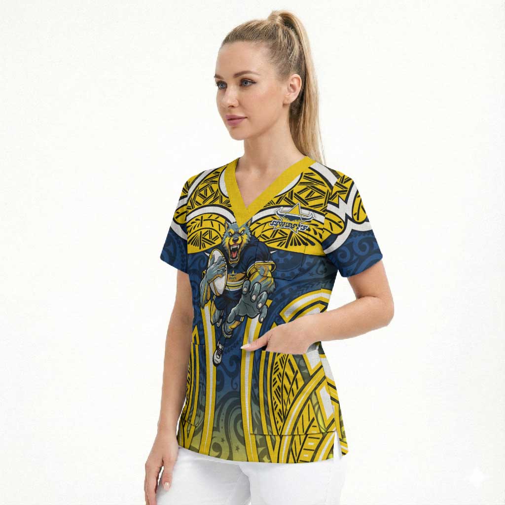 North Queensland Cowboys Rugby Scrub Top Polynesian Tribal Bull Warrior Navy Yellow Pattern