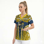 North Queensland Cowboys Rugby Scrub Top Polynesian Tribal Bull Warrior Navy Yellow Pattern