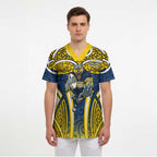 North Queensland Cowboys Rugby Scrub Top Polynesian Tribal Bull Warrior Navy Yellow Pattern