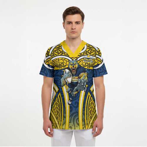 North Queensland Cowboys Rugby Scrub Top Polynesian Tribal Bull Warrior Navy Yellow Pattern