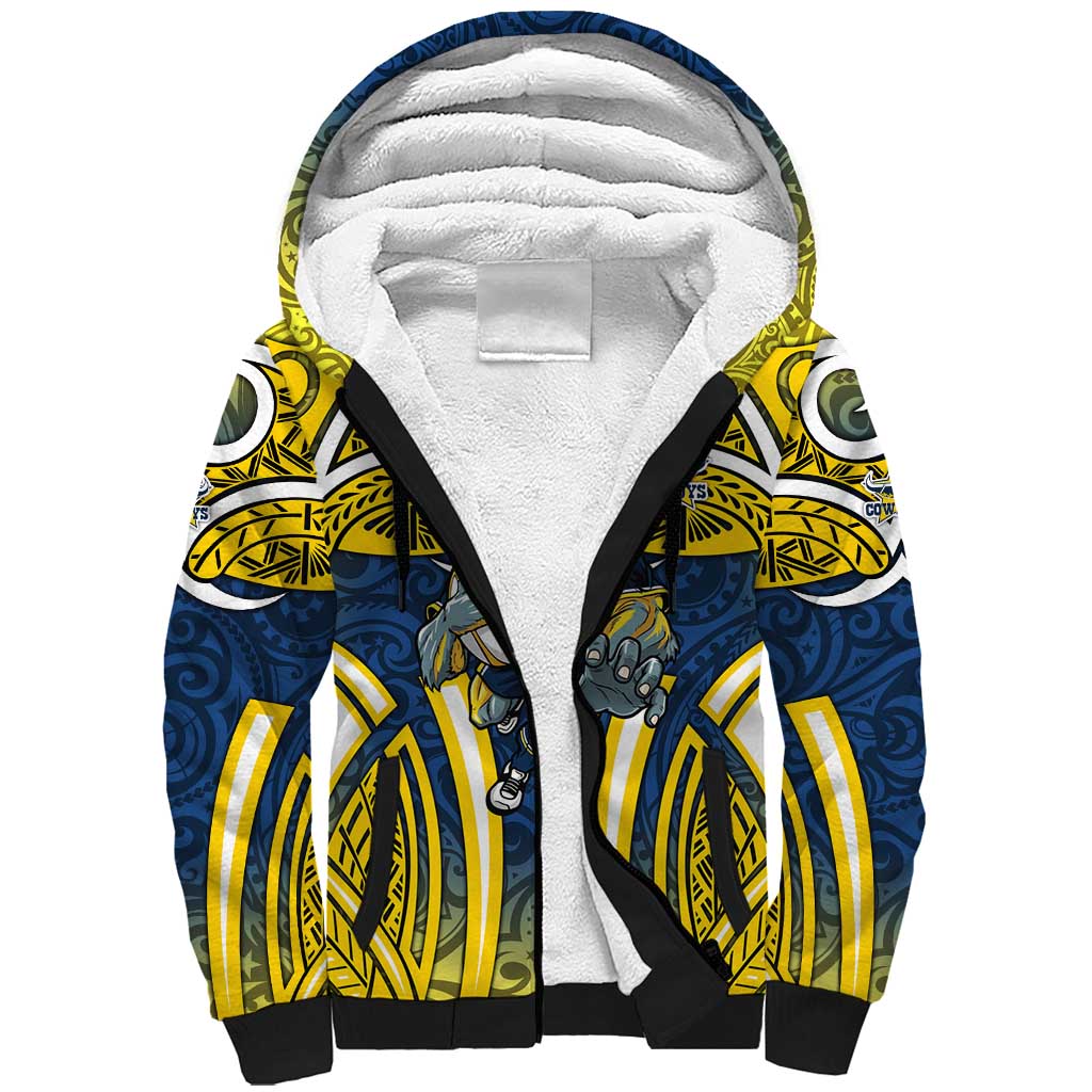 North Queensland Cowboys Rugby Sherpa Hoodie Polynesian Tribal Bull Warrior Navy Yellow Pattern