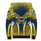 North Queensland Cowboys Rugby Sherpa Hoodie Polynesian Tribal Bull Warrior Navy Yellow Pattern