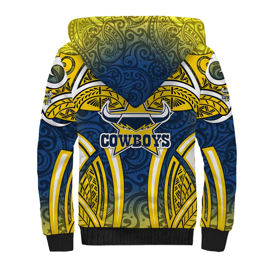 North Queensland Cowboys Rugby Sherpa Hoodie Polynesian Tribal Bull Warrior Navy Yellow Pattern