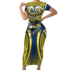 North Queensland Cowboys Rugby Short Sleeve Bodycon Dress Polynesian Tribal Bull Warrior Navy Yellow Pattern