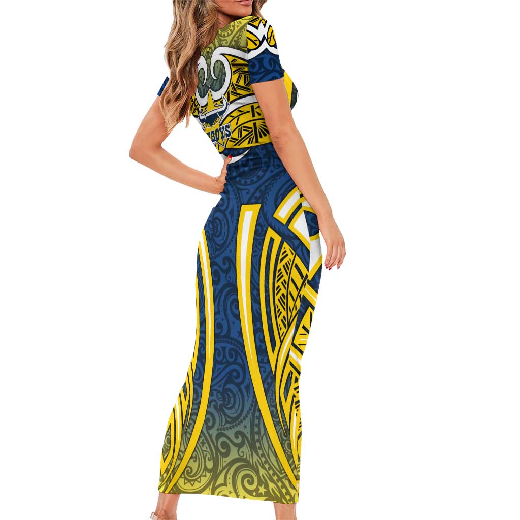 North Queensland Cowboys Rugby Short Sleeve Bodycon Dress Polynesian Tribal Bull Warrior Navy Yellow Pattern