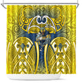 North Queensland Cowboys Rugby Shower Curtain Polynesian Tribal Bull Warrior Navy Yellow Pattern