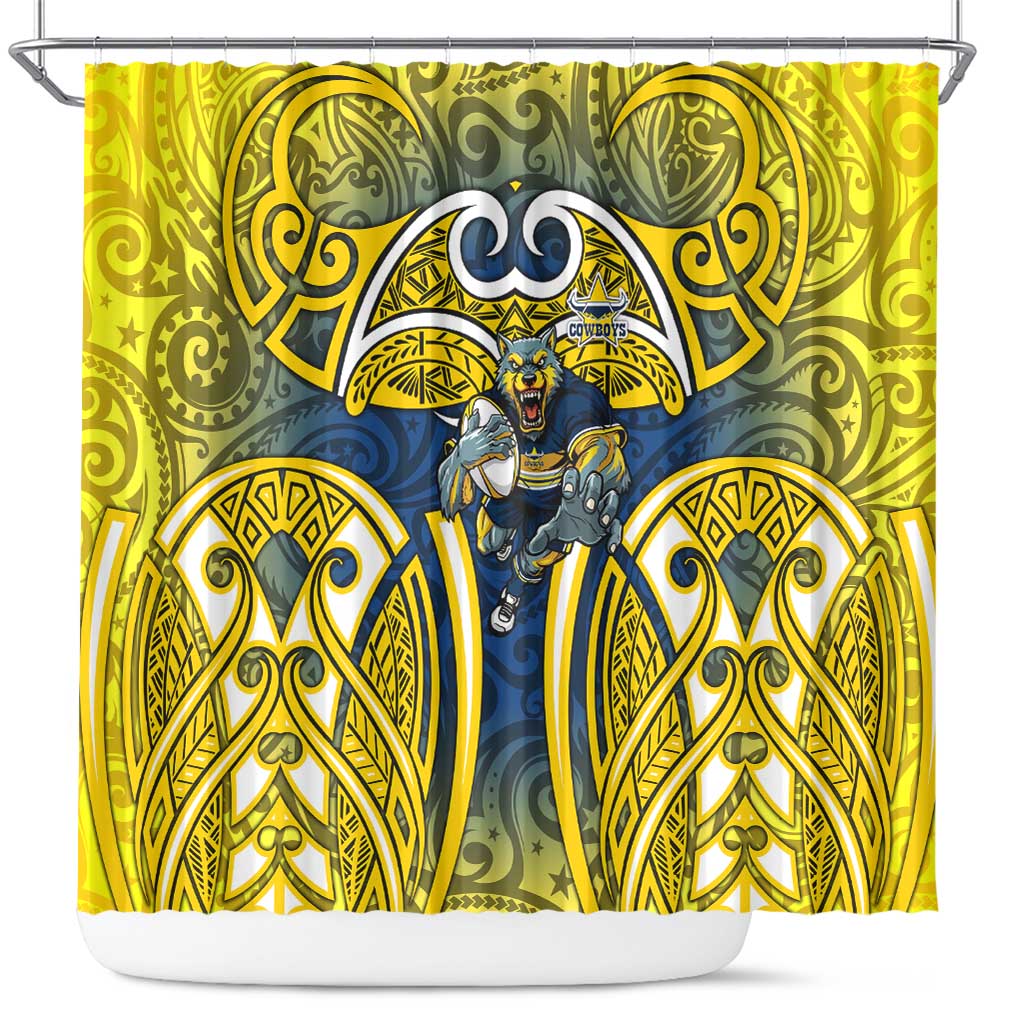 North Queensland Cowboys Rugby Shower Curtain Polynesian Tribal Bull Warrior Navy Yellow Pattern