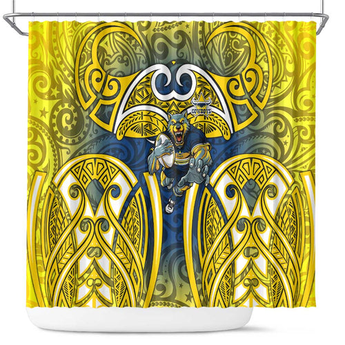 North Queensland Cowboys Rugby Shower Curtain Polynesian Tribal Bull Warrior Navy Yellow Pattern