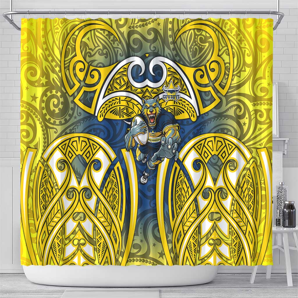 North Queensland Cowboys Rugby Shower Curtain Polynesian Tribal Bull Warrior Navy Yellow Pattern