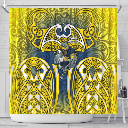 North Queensland Cowboys Rugby Shower Curtain Polynesian Tribal Bull Warrior Navy Yellow Pattern