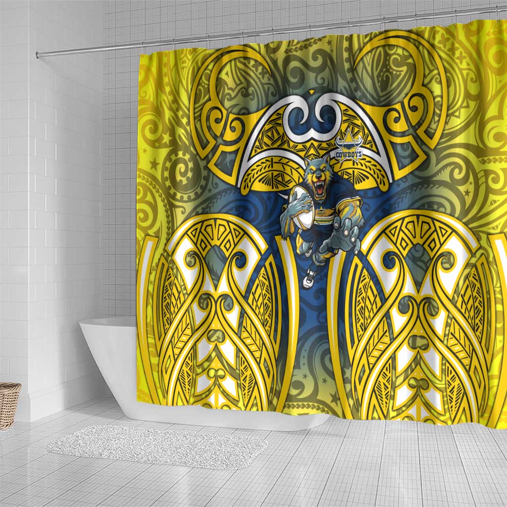 North Queensland Cowboys Rugby Shower Curtain Polynesian Tribal Bull Warrior Navy Yellow Pattern