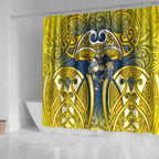 North Queensland Cowboys Rugby Shower Curtain Polynesian Tribal Bull Warrior Navy Yellow Pattern