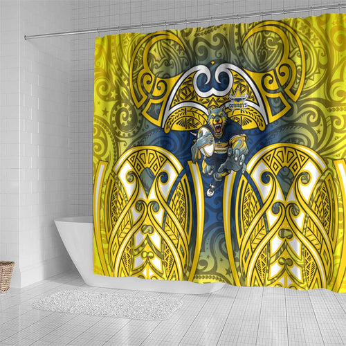 North Queensland Cowboys Rugby Shower Curtain Polynesian Tribal Bull Warrior Navy Yellow Pattern