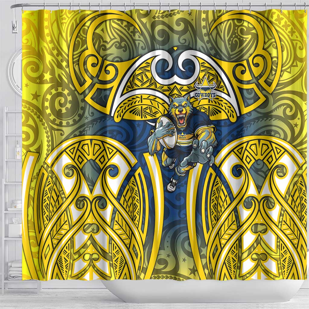 North Queensland Cowboys Rugby Shower Curtain Polynesian Tribal Bull Warrior Navy Yellow Pattern
