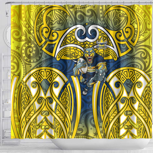 North Queensland Cowboys Rugby Shower Curtain Polynesian Tribal Bull Warrior Navy Yellow Pattern
