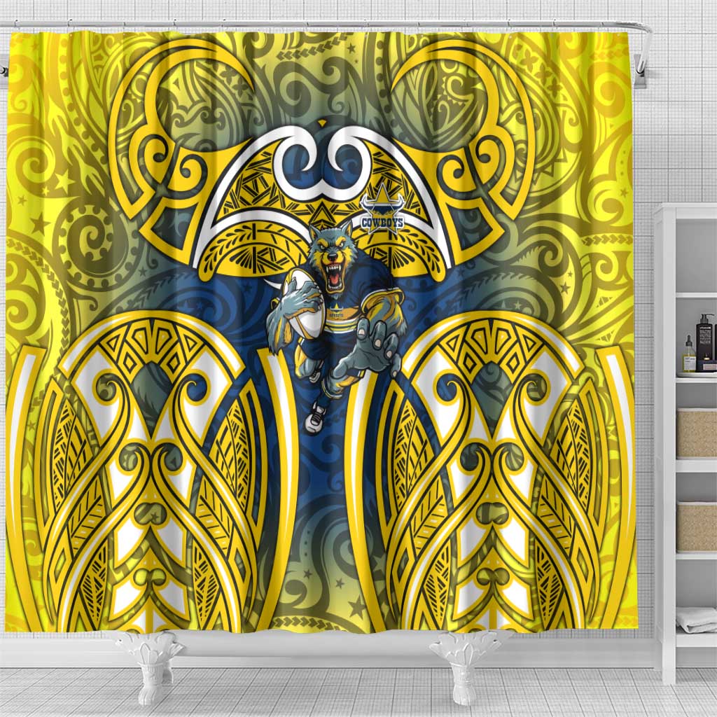 North Queensland Cowboys Rugby Shower Curtain Polynesian Tribal Bull Warrior Navy Yellow Pattern