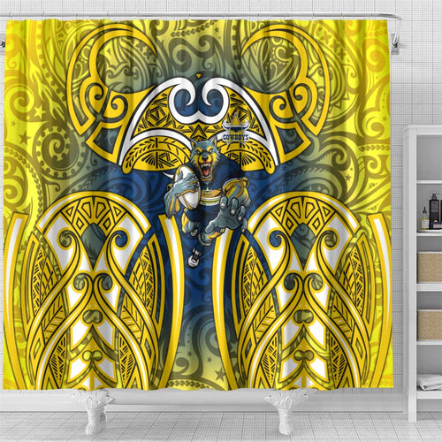 North Queensland Cowboys Rugby Shower Curtain Polynesian Tribal Bull Warrior Navy Yellow Pattern