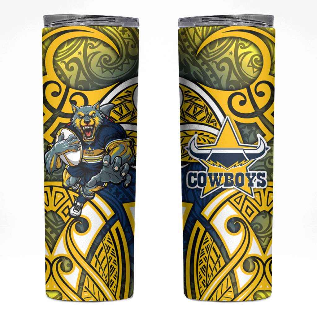 North Queensland Cowboys Rugby Skinny Tumbler Polynesian Tribal Bull Warrior Navy Yellow Pattern