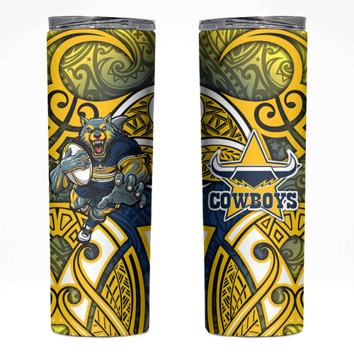 North Queensland Cowboys Rugby Skinny Tumbler Polynesian Tribal Bull Warrior Navy Yellow Pattern