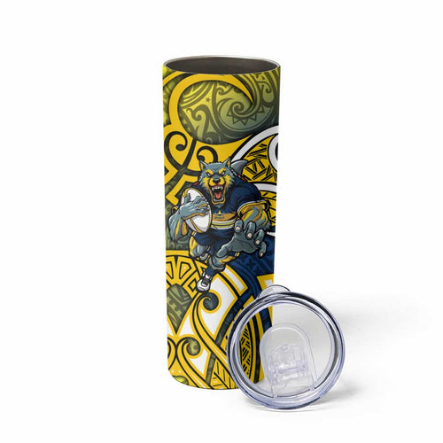 North Queensland Cowboys Rugby Skinny Tumbler Polynesian Tribal Bull Warrior Navy Yellow Pattern
