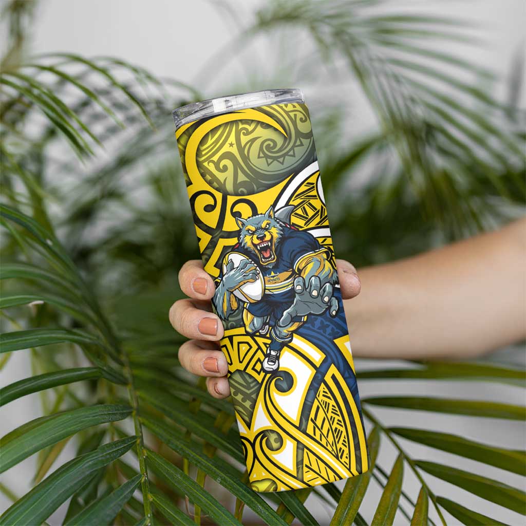 North Queensland Cowboys Rugby Skinny Tumbler Polynesian Tribal Bull Warrior Navy Yellow Pattern