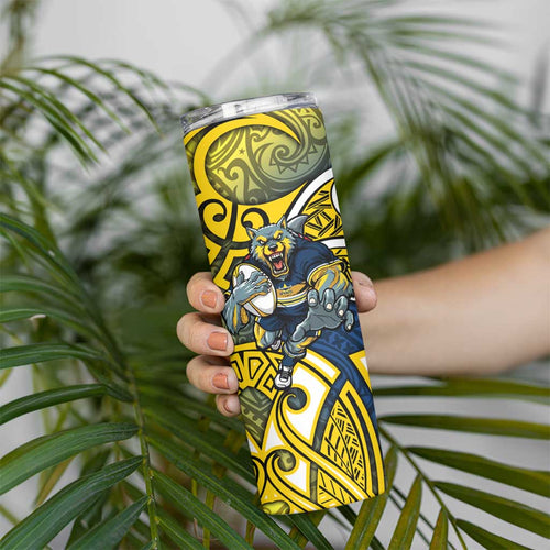 North Queensland Cowboys Rugby Skinny Tumbler Polynesian Tribal Bull Warrior Navy Yellow Pattern