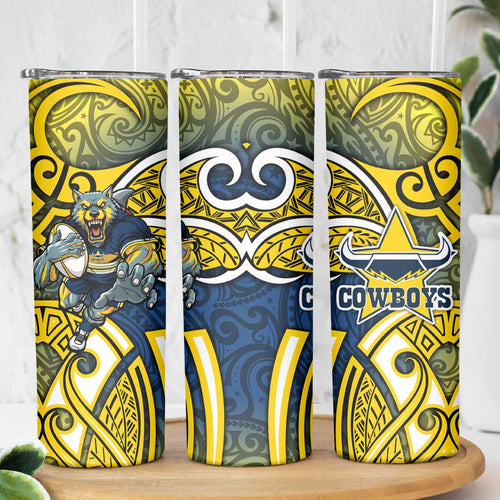 North Queensland Cowboys Rugby Skinny Tumbler Polynesian Tribal Bull Warrior Navy Yellow Pattern