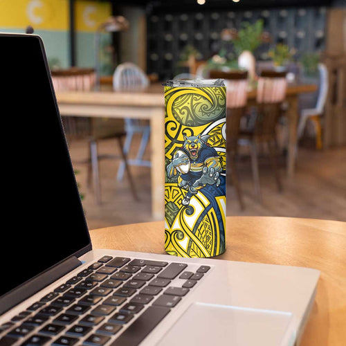 North Queensland Cowboys Rugby Skinny Tumbler Polynesian Tribal Bull Warrior Navy Yellow Pattern