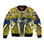 North Queensland Cowboys Rugby Sleeve Zip Bomber Jacket Polynesian Tribal Bull Warrior Navy Yellow Pattern