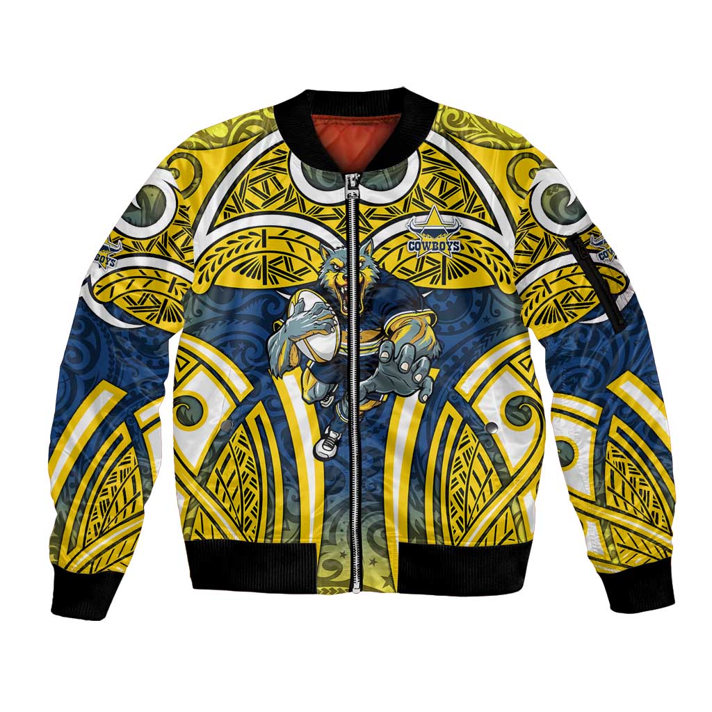 North Queensland Cowboys Rugby Sleeve Zip Bomber Jacket Polynesian Tribal Bull Warrior Navy Yellow Pattern