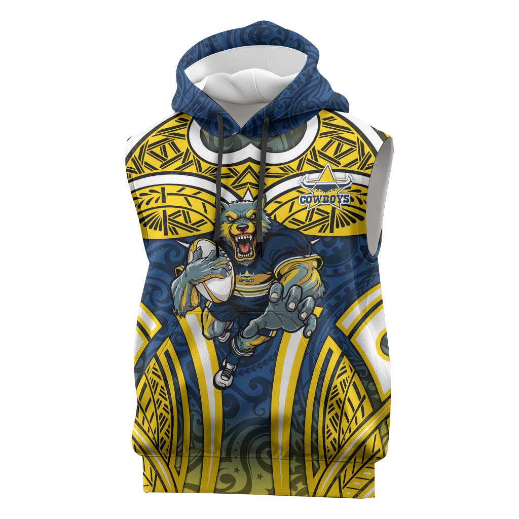 North Queensland Cowboys Rugby Sleeveless Hoodie Polynesian Tribal Bull Warrior Navy Yellow Pattern