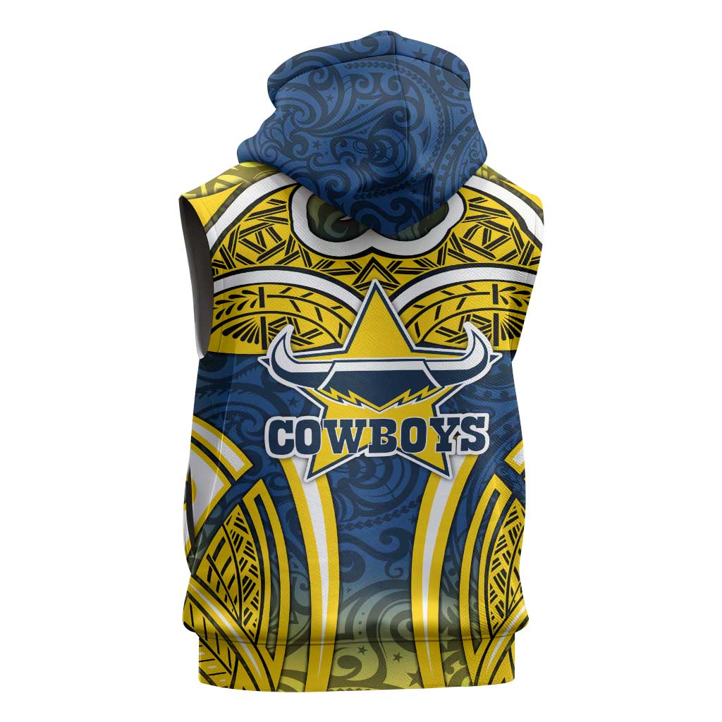 North Queensland Cowboys Rugby Sleeveless Hoodie Polynesian Tribal Bull Warrior Navy Yellow Pattern