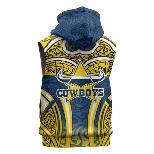 North Queensland Cowboys Rugby Sleeveless Hoodie Polynesian Tribal Bull Warrior Navy Yellow Pattern