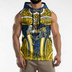 North Queensland Cowboys Rugby Sleeveless Hoodie Polynesian Tribal Bull Warrior Navy Yellow Pattern