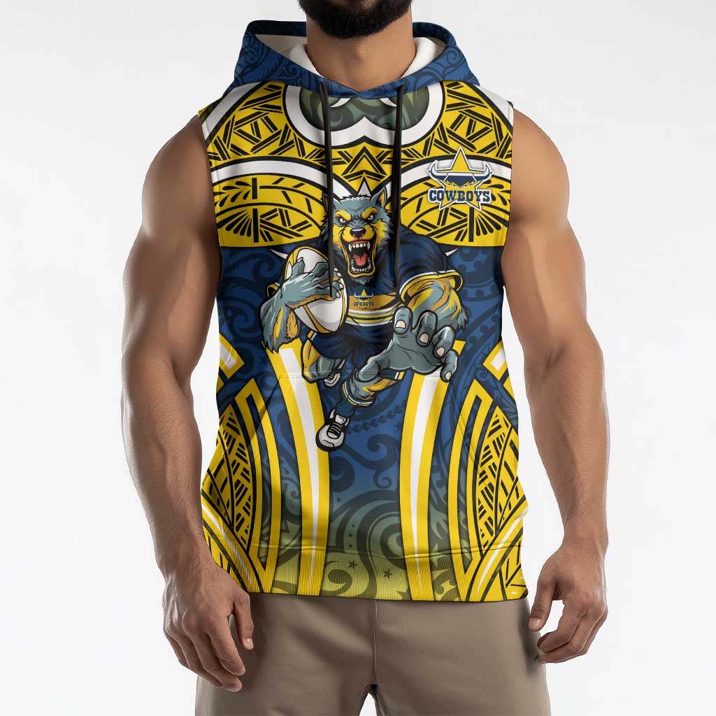 North Queensland Cowboys Rugby Sleeveless Hoodie Polynesian Tribal Bull Warrior Navy Yellow Pattern