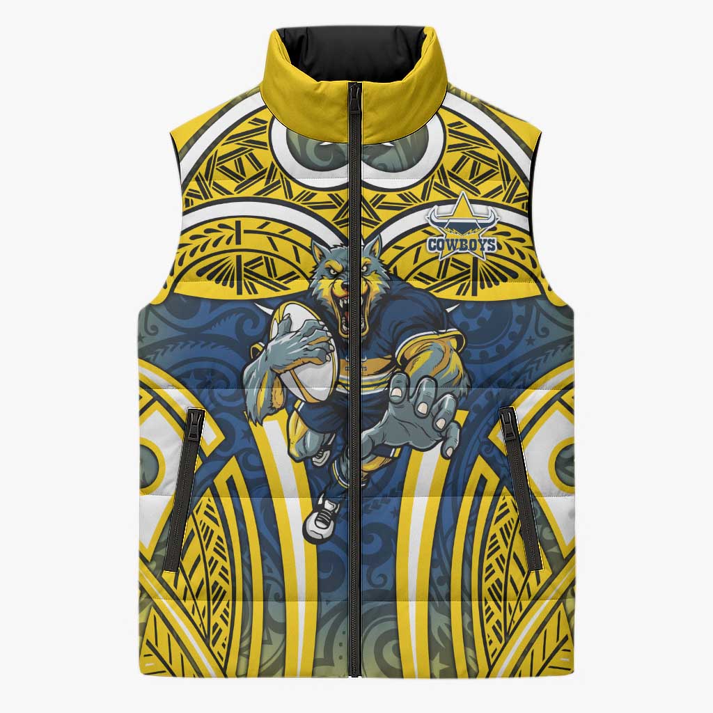 North Queensland Cowboys Rugby Sleeveless Puffer Jacket Polynesian Tribal Bull Warrior Navy Yellow Pattern