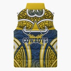 North Queensland Cowboys Rugby Sleeveless Puffer Jacket Polynesian Tribal Bull Warrior Navy Yellow Pattern