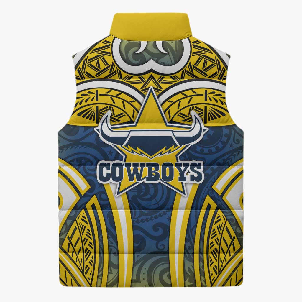 North Queensland Cowboys Rugby Sleeveless Puffer Jacket Polynesian Tribal Bull Warrior Navy Yellow Pattern