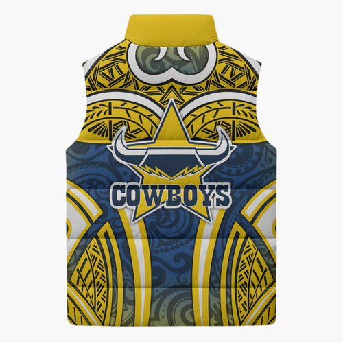 North Queensland Cowboys Rugby Sleeveless Puffer Jacket Polynesian Tribal Bull Warrior Navy Yellow Pattern