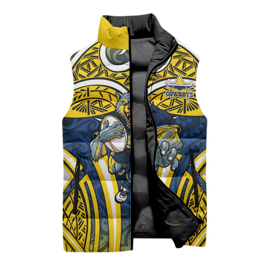 North Queensland Cowboys Rugby Sleeveless Puffer Jacket Polynesian Tribal Bull Warrior Navy Yellow Pattern